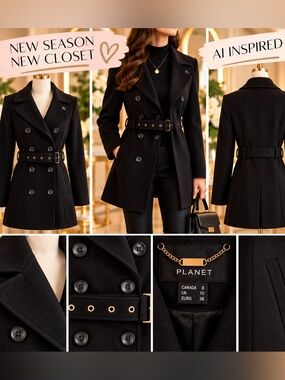 PLANET Black Double-Breasted Belted Coat | Knee Length | Size 8